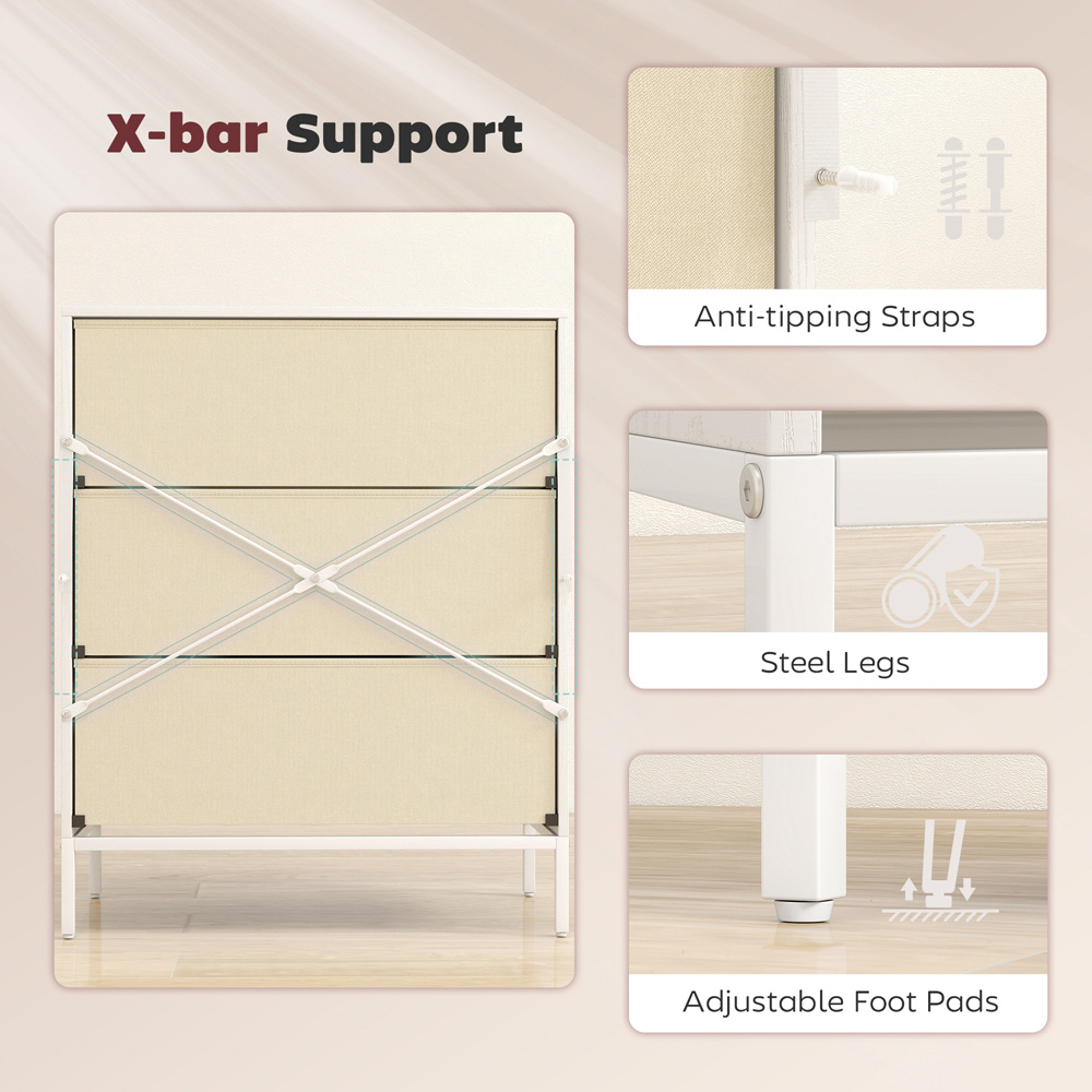Portland 3 Fabric Drawer White Chest of Drawers Image 5