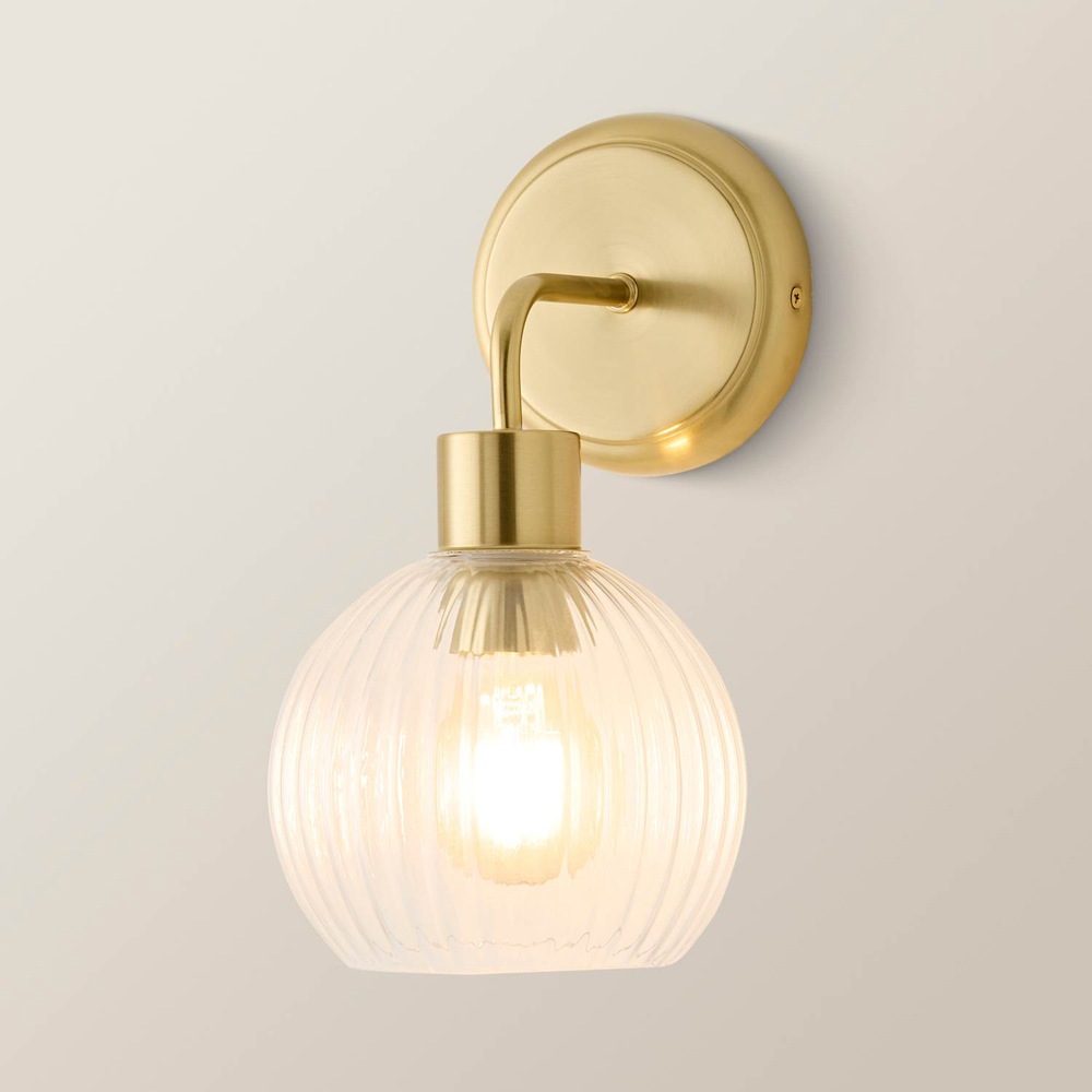 ValueLights Maddison Ribbed Glass Globe Gold Metal Wall Light with Bulb Image 3