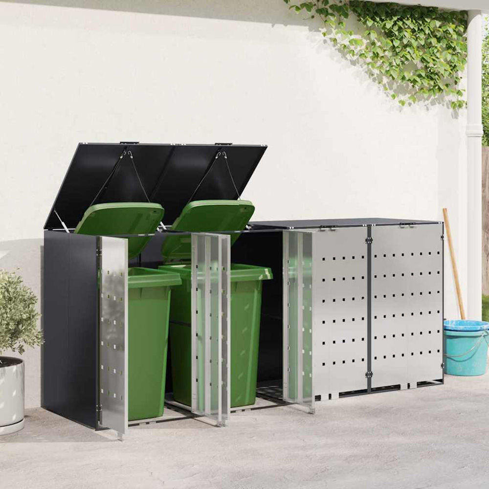 vidaXL Anthracite 4 Wheelie Bin Storage Shed with Stainless Steel Door Image 2