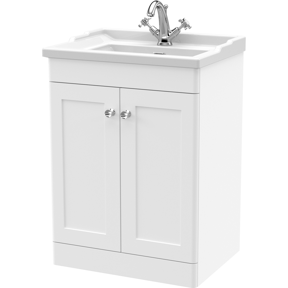 nuie Classique 2 Door Satin White Floor Standing Unit and 1 Tap Hole Fireclay Basin 600mm Image 1
