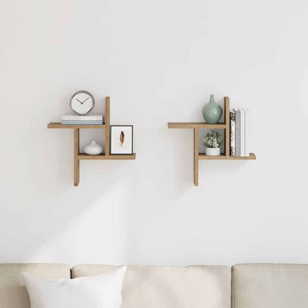 vidaXL 3 Shelf Artisian Oak Wall Shelf Set of 2 Image 2