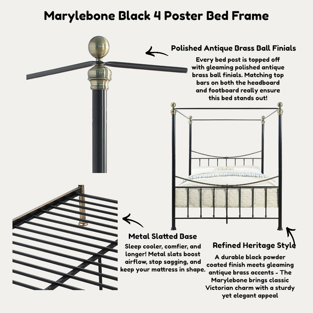 OAT Home Marylebone King Size Black and Brass Metal 4 Poster Bed Frame Image 8
