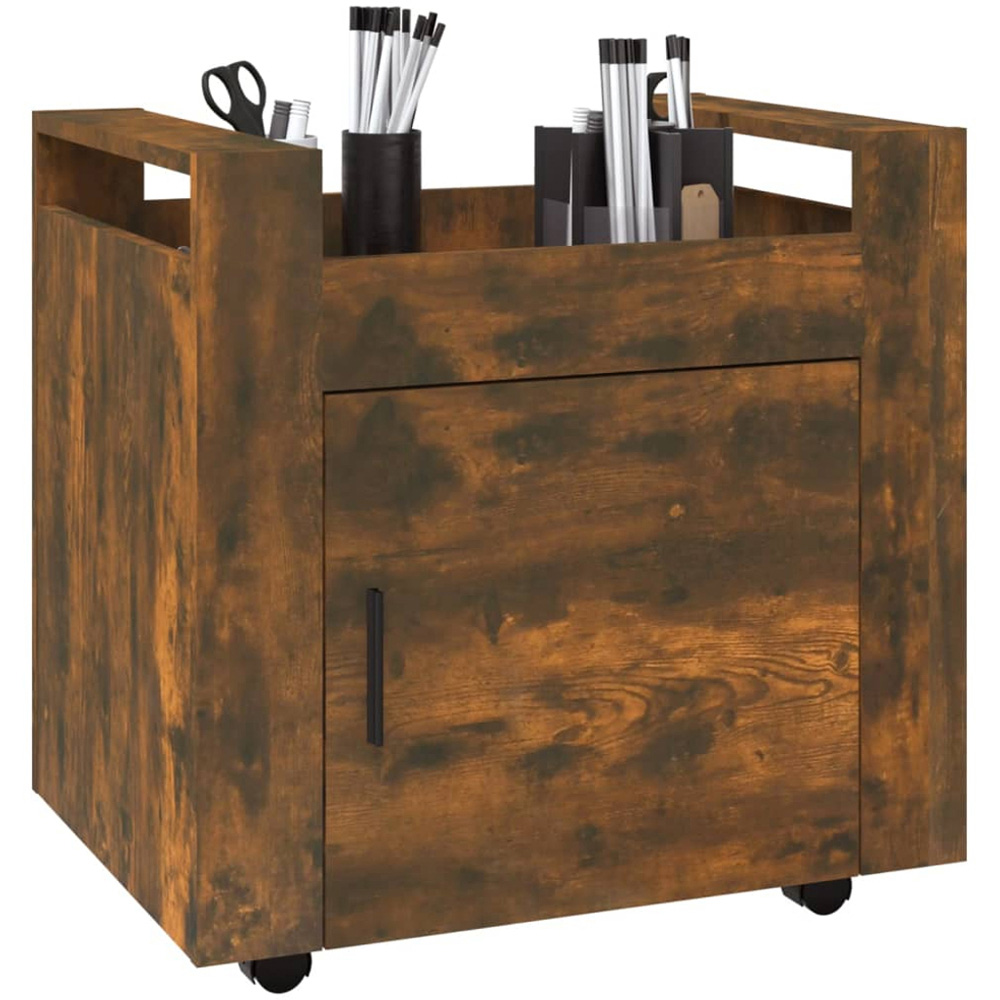 vidaXL Single Door Single Shelf Smoked Oak Wooden Desk Trolley Image 4