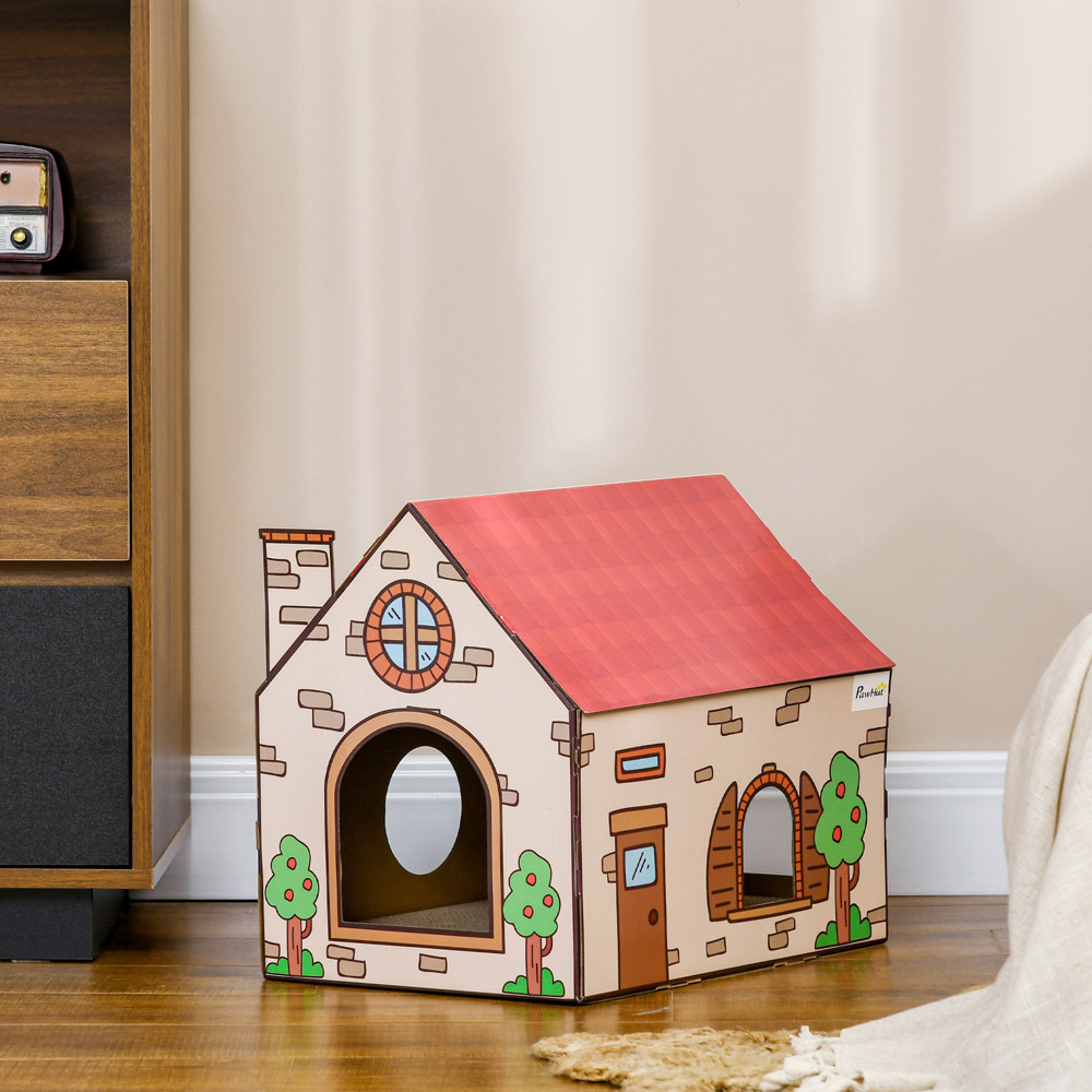 PawHut House Shaped Scratching Board and Cat Bed Image 5