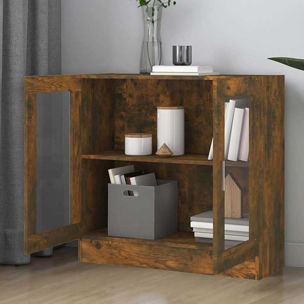 vidaXL Vitrine 2 Glass Door Smoked Oak Storage Cabinet Image 1