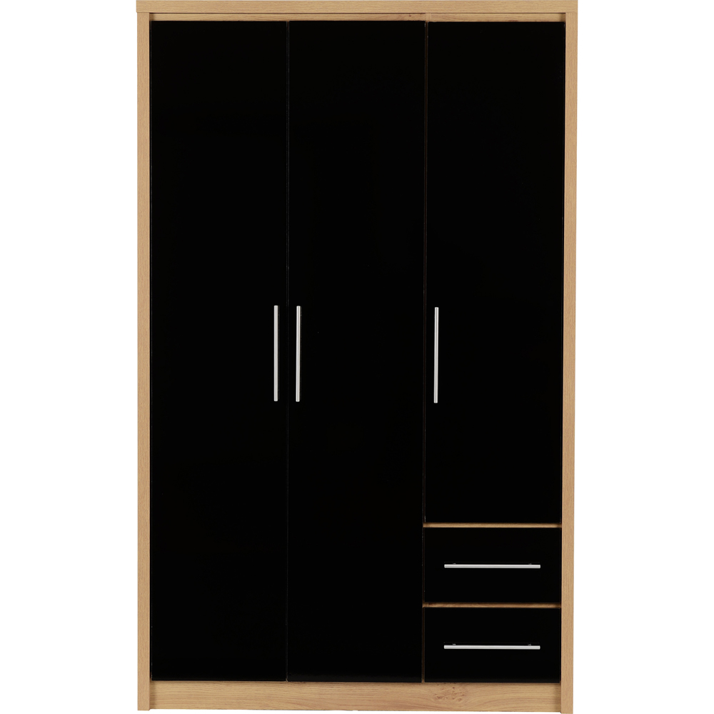 Seconique Seville 3 Door 2 Drawer Black Gloss Light Oak Effect Veneer Wardrobe Image 3