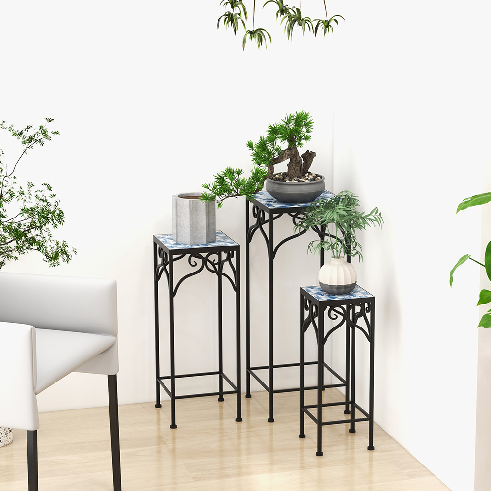 Costway Blue Mosaic Tile Metal Plant Stand Set of 3 Image 4