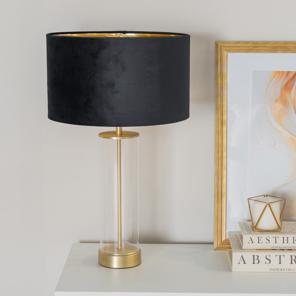 ValueLights Balan Gold Glass LED Table Lamp with Black and Gold Velvet Lamp Shade Image 2
