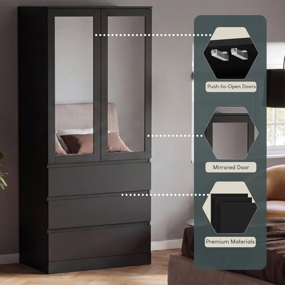 VIDA DESIGNS Denver 2 Door 3 Drawer Black Mirrored Wardrobe Image 6