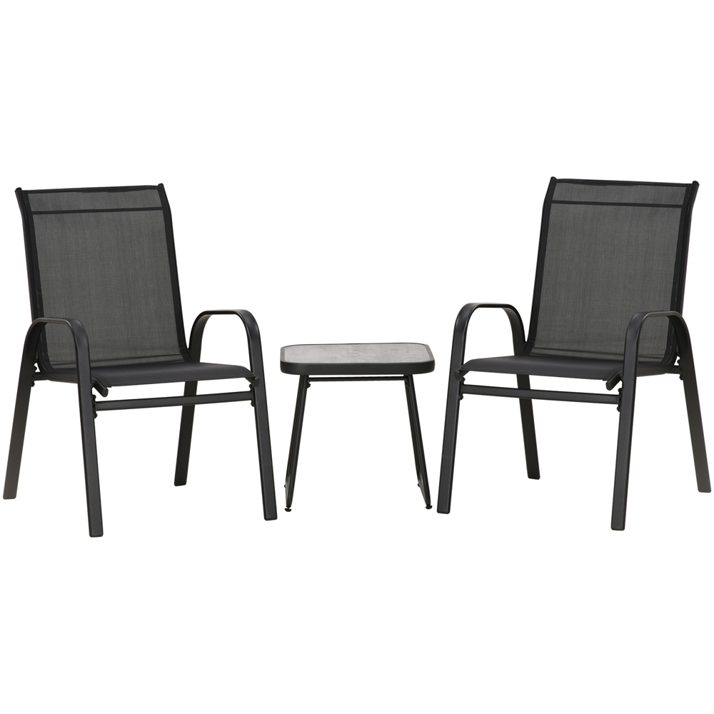 Outsunny Set of 2 Black Mesh Outdoor Stackable Armchairs with Coffee Table Image 2