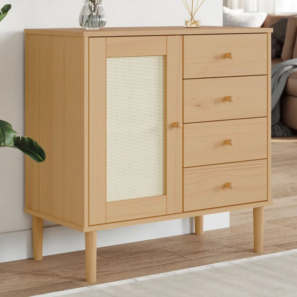vidaXL Single Rattan Door 4 Drawer Brown Pine Wood Sideboard Image 1