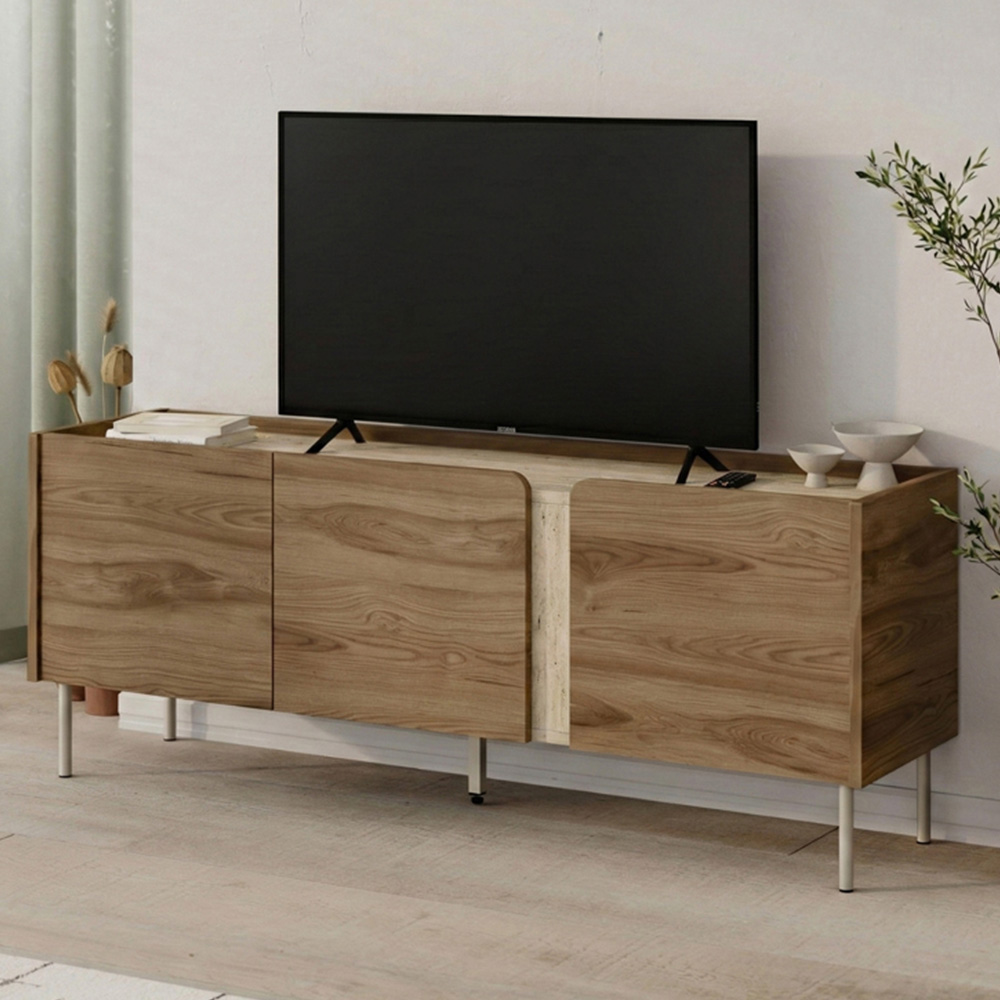 Decortie Norm 3 Door Deep Oud and Travertine TV Stand Image 1