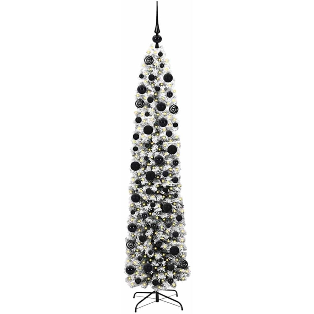 vidaXL Green Snow Flocked Artificial Christmas Tree with LEDs Black Decoration Ornaments 6ft Image 1
