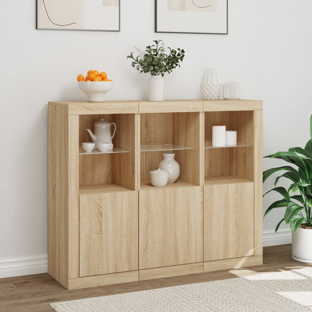 vidaXL 3 Door 6 Open Shelf Sonoma Oak Sideboard with LED Lights Image 4