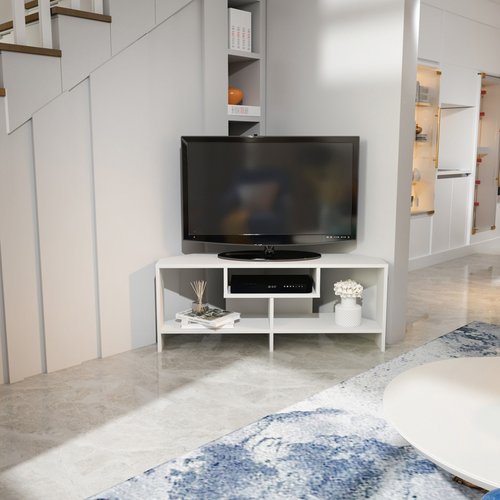 Decorotika Maldives 3 Shelf White Corner TV Unit Image 5