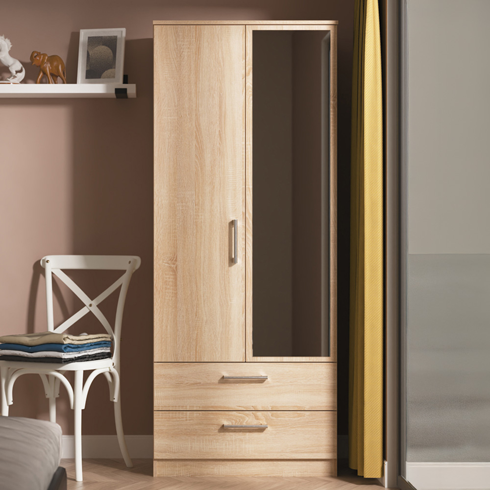 Crowndale Devon 2 Door 2 Drawer Bardolino Oak Wardrobe with Mirror Door Ready Assembled Image 1