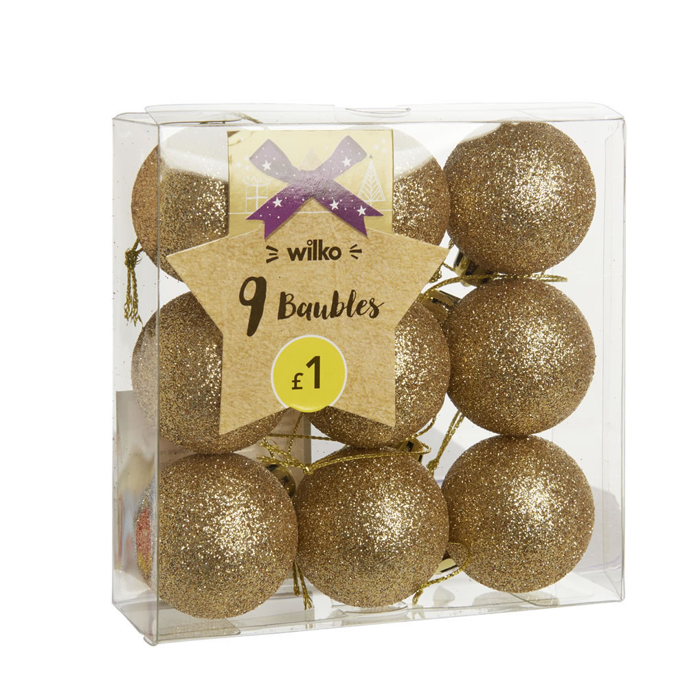 Wilko 9 pack Midnight Magic Soft Gold Glitter     Christmas Bauble Image
