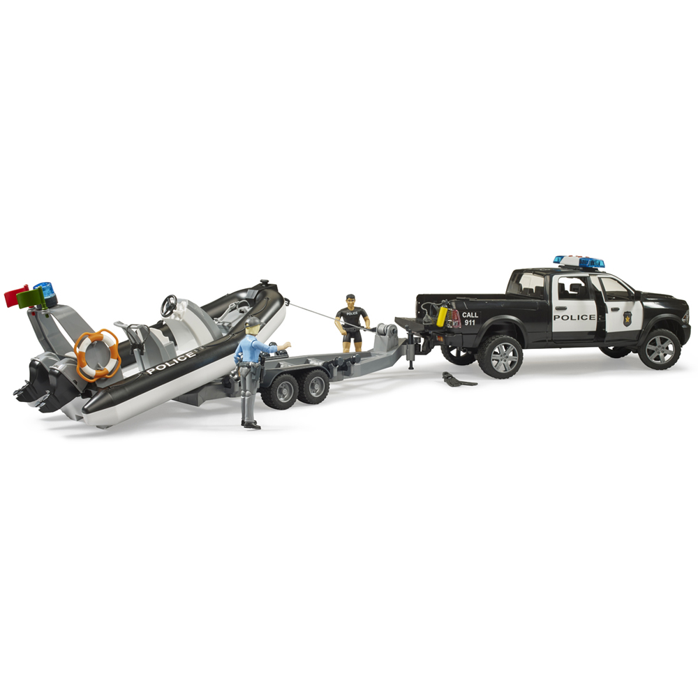 Bruder RAM 2500 Light and Sound Police Pickup Wagon with Trailer Boat and 2 Figures Image 4