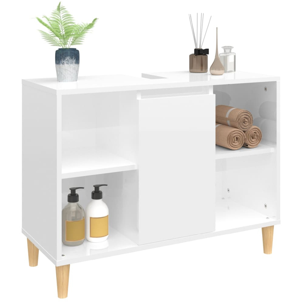 vidaXL Single Door 4 Open Shelf High Gloss White Bathroom Sink Cabinet Image 5
