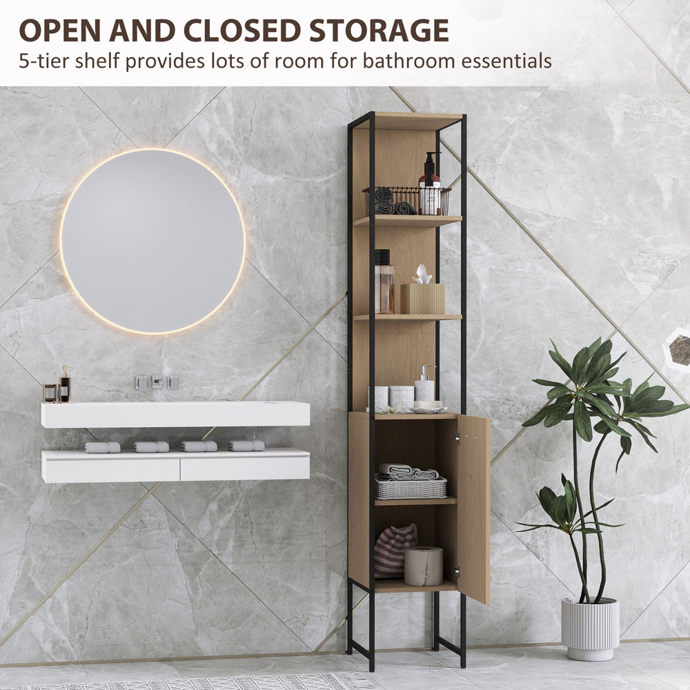 HOMCOM Single Door 3 Shelf Natural Adjustable Tall Bathroom Cabinet Image 4