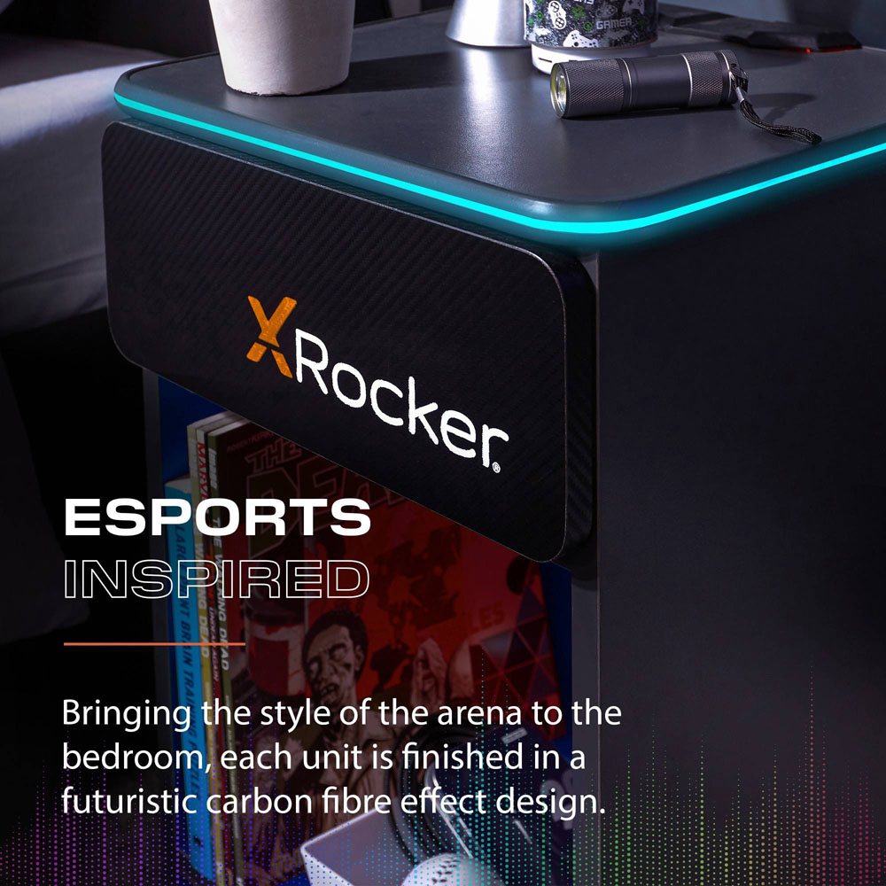 X Rocker Carbon-Tek Single Drawer Single Shelf Grey and Blue LED Bedside Table with Charging Image 5