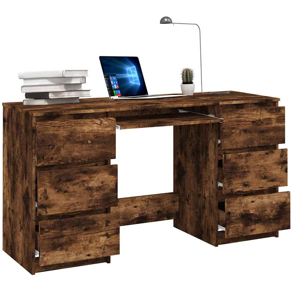 vidaXL 6 Drawer Writing Desk with Keyboard Tray Smoked Oak Image 3