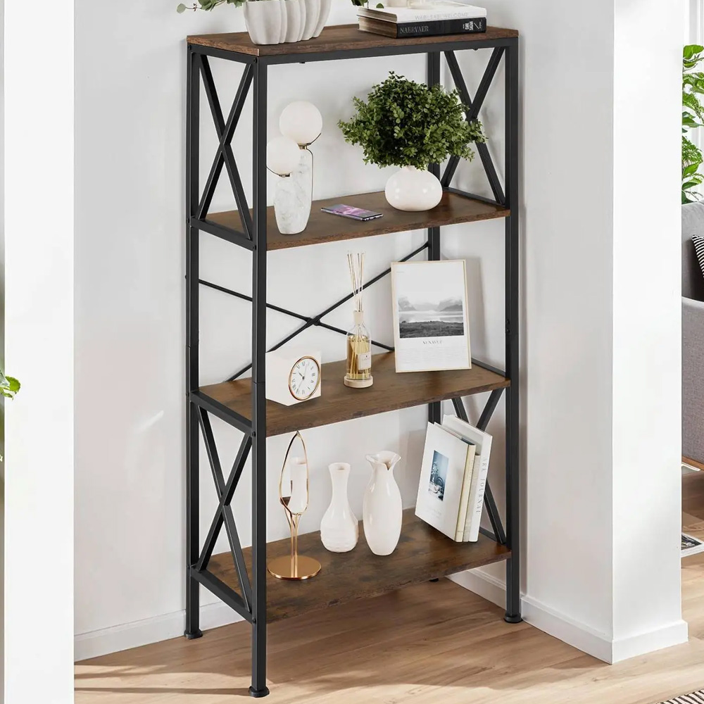 tectake Barry 4 Shelf Industrial Dark Wood Standing Shelving Unit Image 1