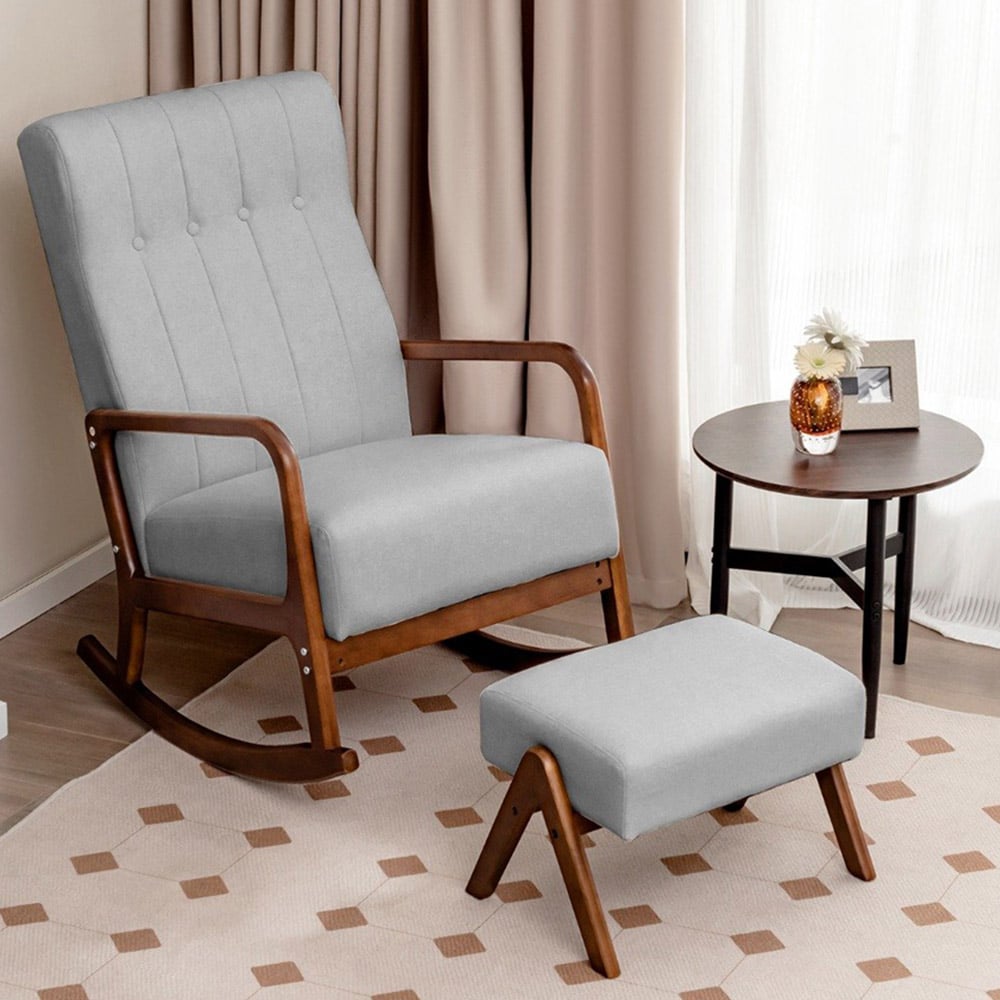 Costway Grey Upholstered Fabric Rocking Chair Image 1