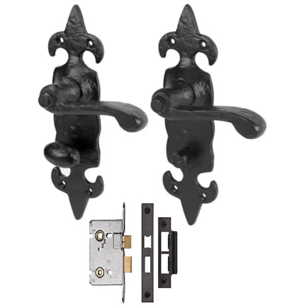Golden Grace Black Antique Fleur De LYS Bathroom Door Handle Set Image 1