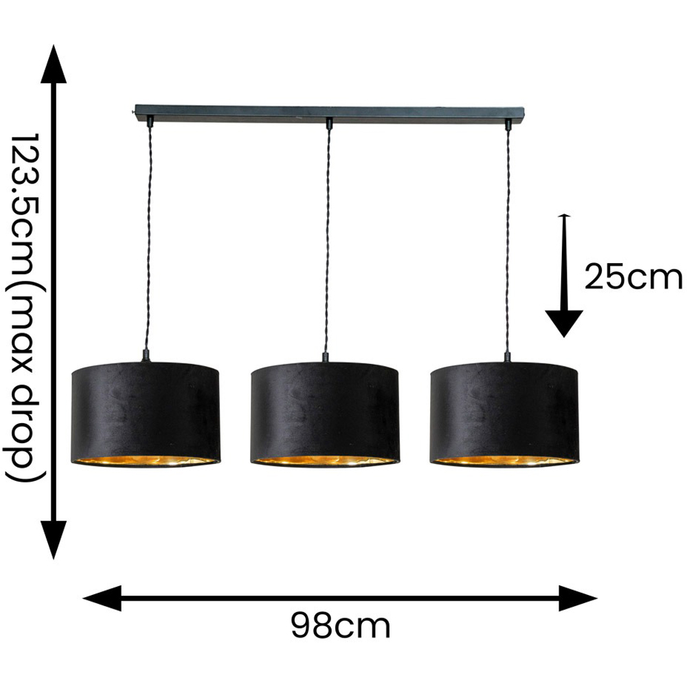 ValueLights Reni Black Velvet and Gold Shade 3 Drop Bar Black Diner LED Ceiling Light Image 7