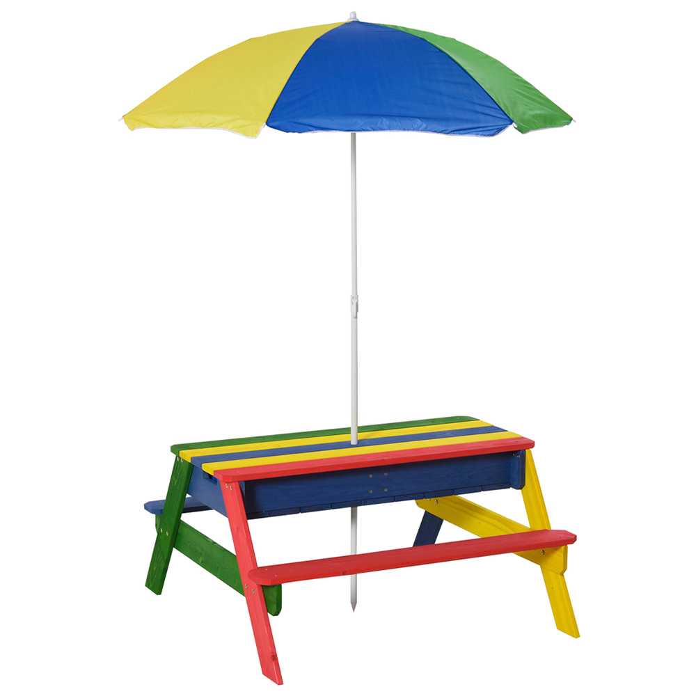 Kids Outdoor Picnic Table and Bench with Parasol Umbrella Rainbow Image 1