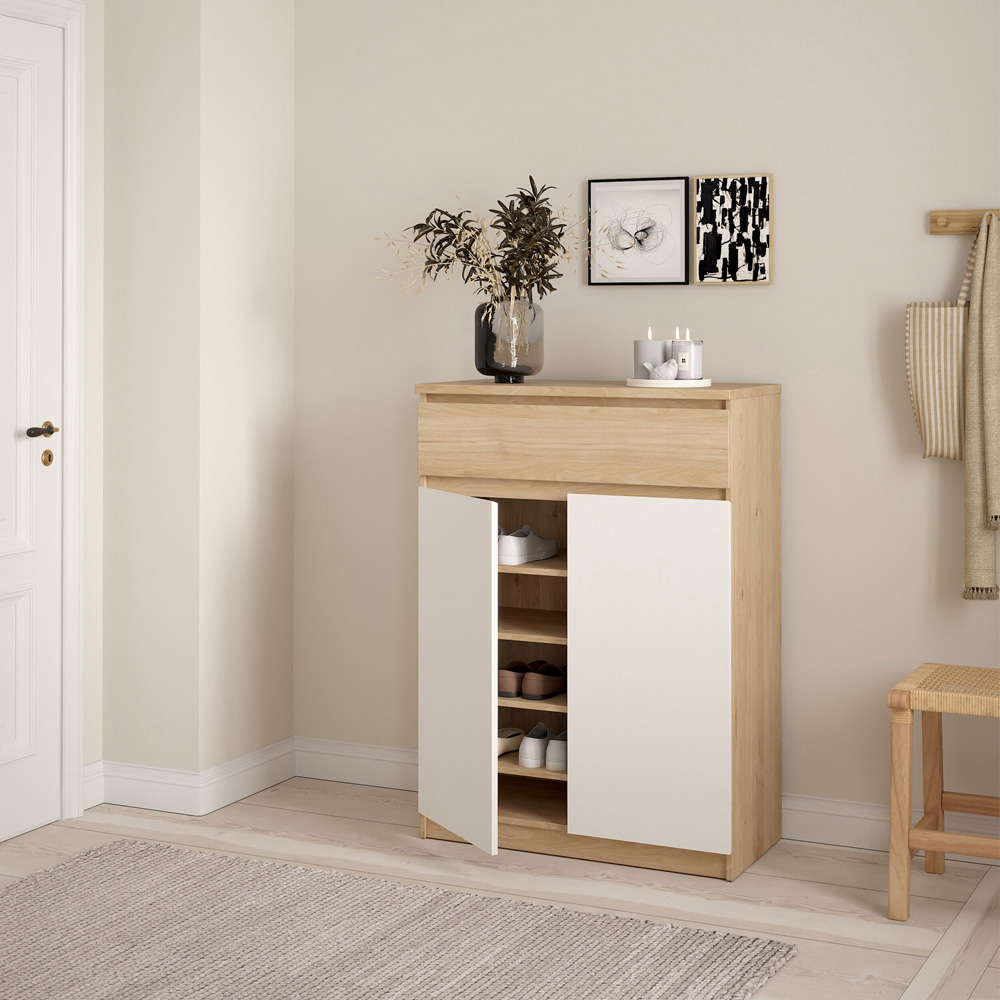 Florence 2 Door Single Drawer Jackson Hickory Oak and White Shoe Cabinet Image 6