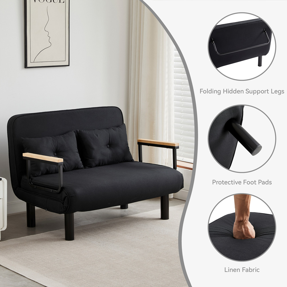 2 Seater Black 4-in-1 Foldable Sofa Bed with Adjustable Backrest and Large Cushion Image 4