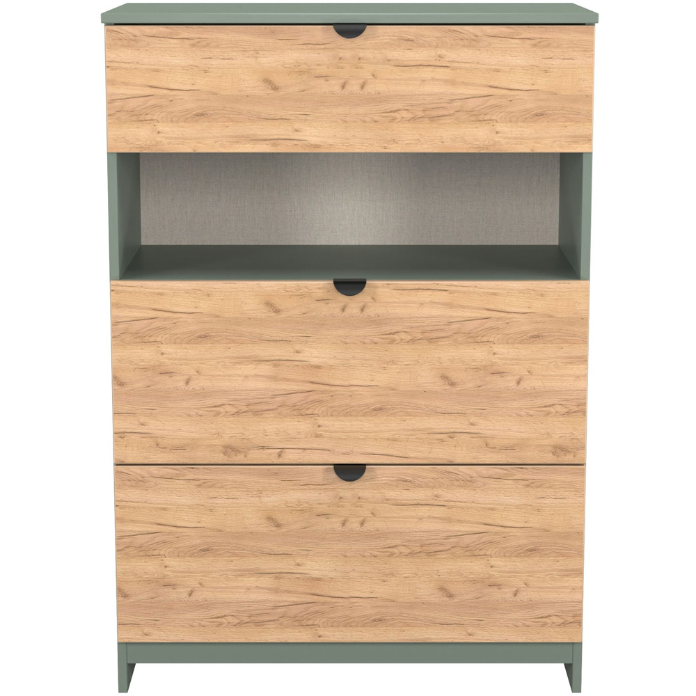 Crowndale Bora 3 Drawer Single Shelf Gold Oak and Reed Green Storage Unit Image 2