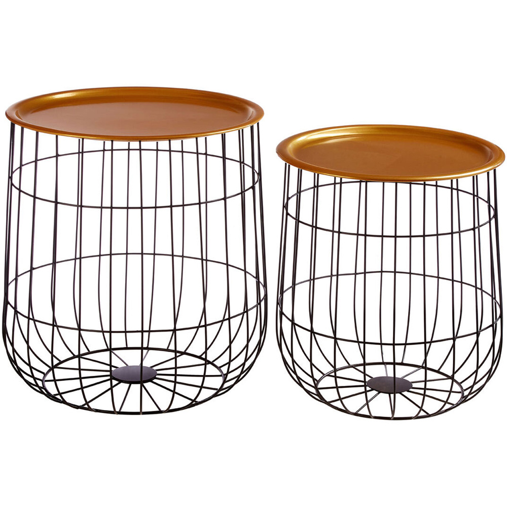 Premier Housewares Hege Brass Finish Top Black Metal Wire Base Side Table Set of 2 Image 2