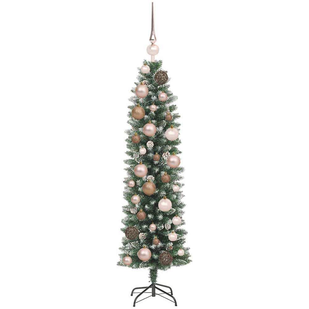 vidaXL Pre-Lit Rose Gold Baubles Green and White Artificial Slim Christmas Tree 4ft Image 4
