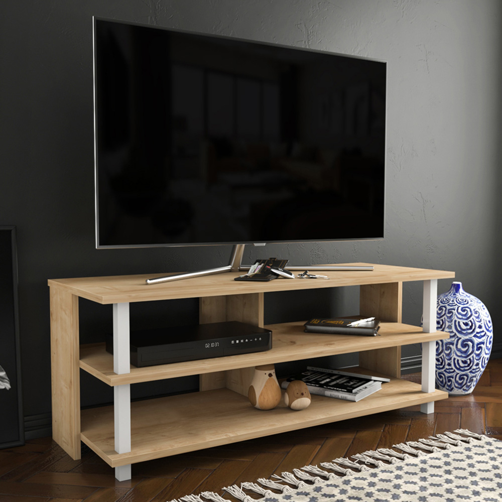 Decorotika Pueblo 4 Open Shelf White and Oak Wide TV Unit Image 6