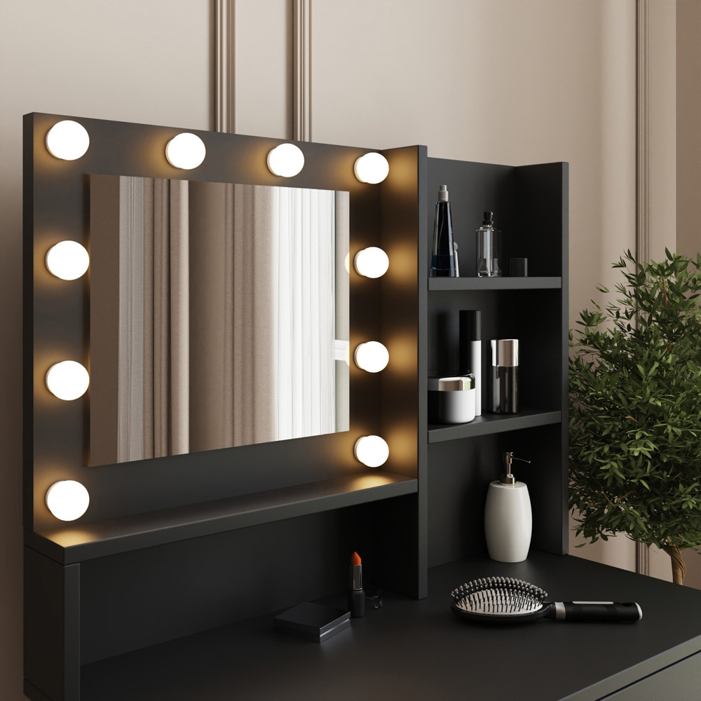 GFW Eva 2 Drawer 4 Shelf Black LED Mirror Dressing Table with Stool Image 6