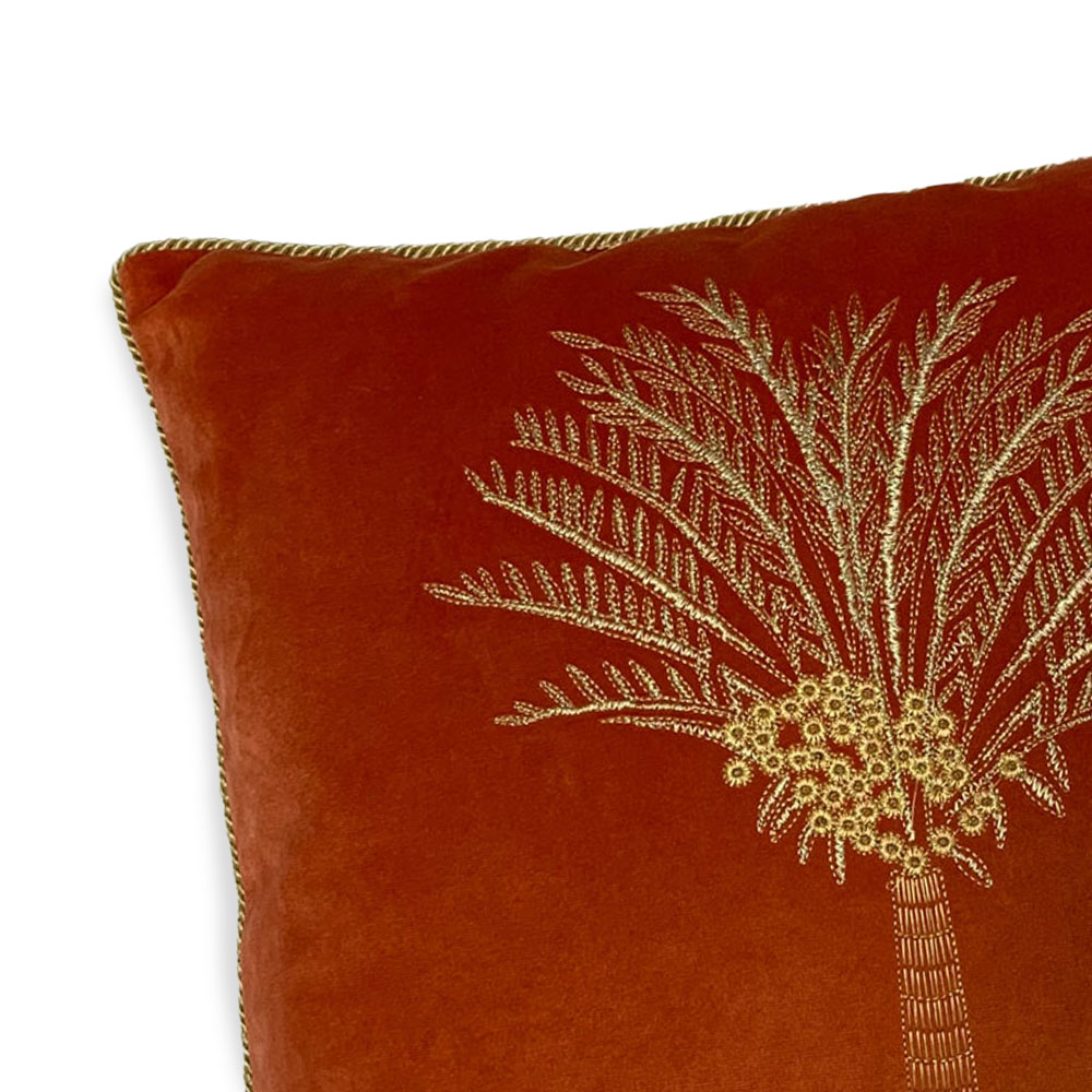 furn. Desert Palm Coral Embroidered Velvet Cushion Image 2
