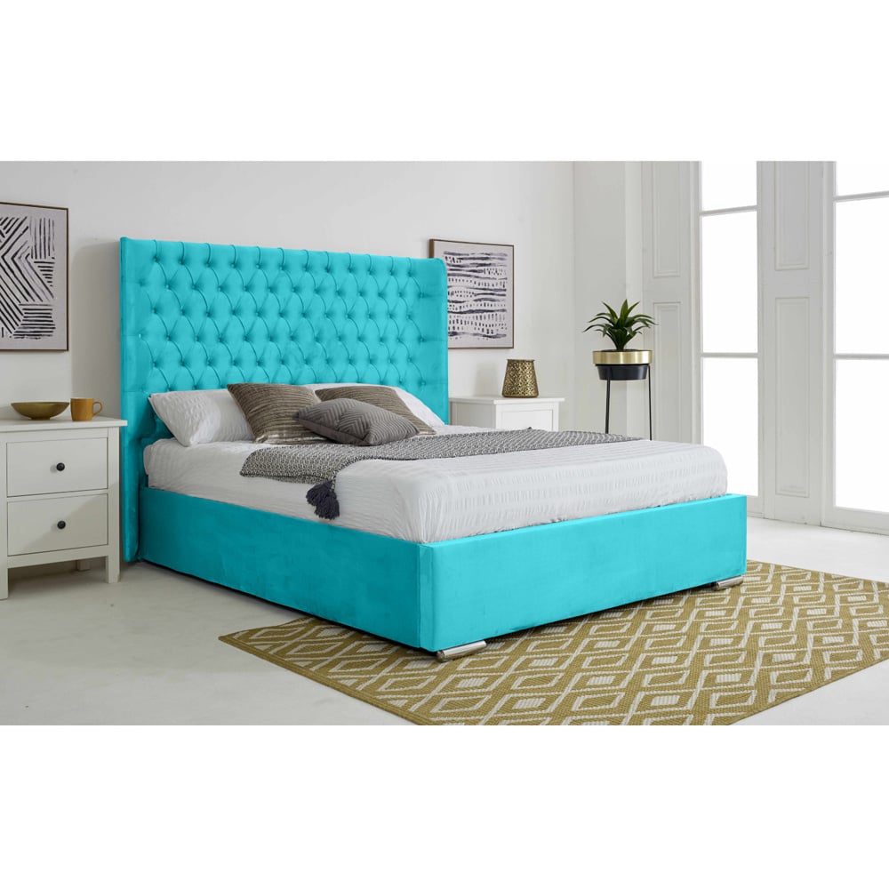 Eleganza Home Woodlake Small Double Teal Plush Velvet Bed Frame with Chesterfield Headboard Image 3