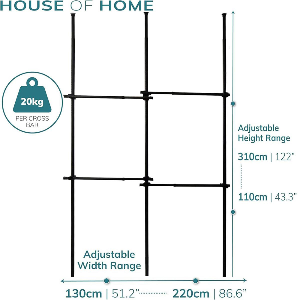 House of Home 2 Tier Double Telescopic Hanging Rail Adjustable Black Wardrobe Image 4