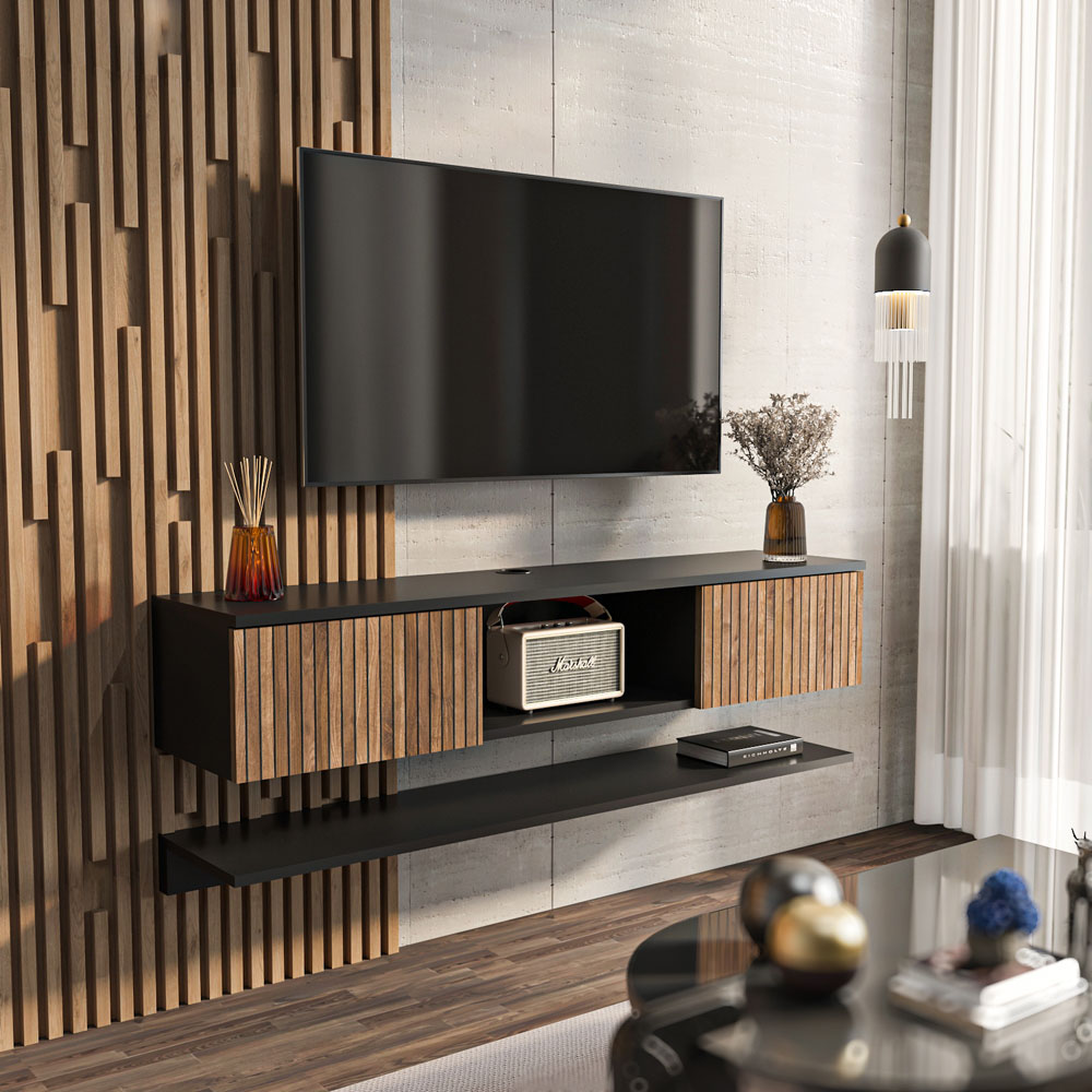 Decorotika Elia 2 Door Single Shelf Black and Alina Floating TV Unit with Wall Shelf Image 3