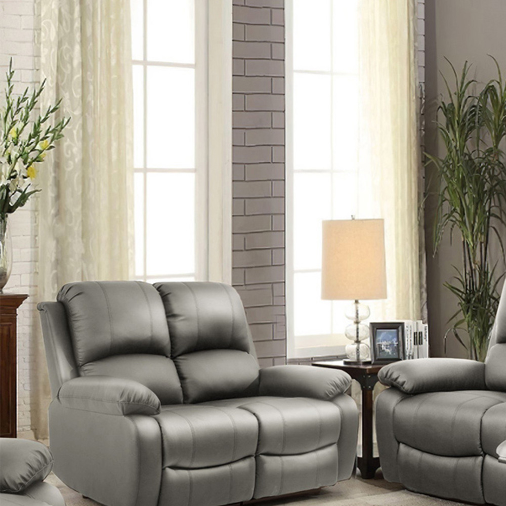 Brooklyn 5 Seater Light Grey Bonded Leather Manual Recliner Sofa Set Image 2