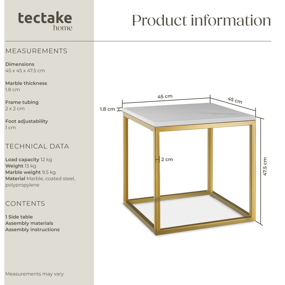 tectake Alysia Gold and White Marble Top Square Side Table Image 8