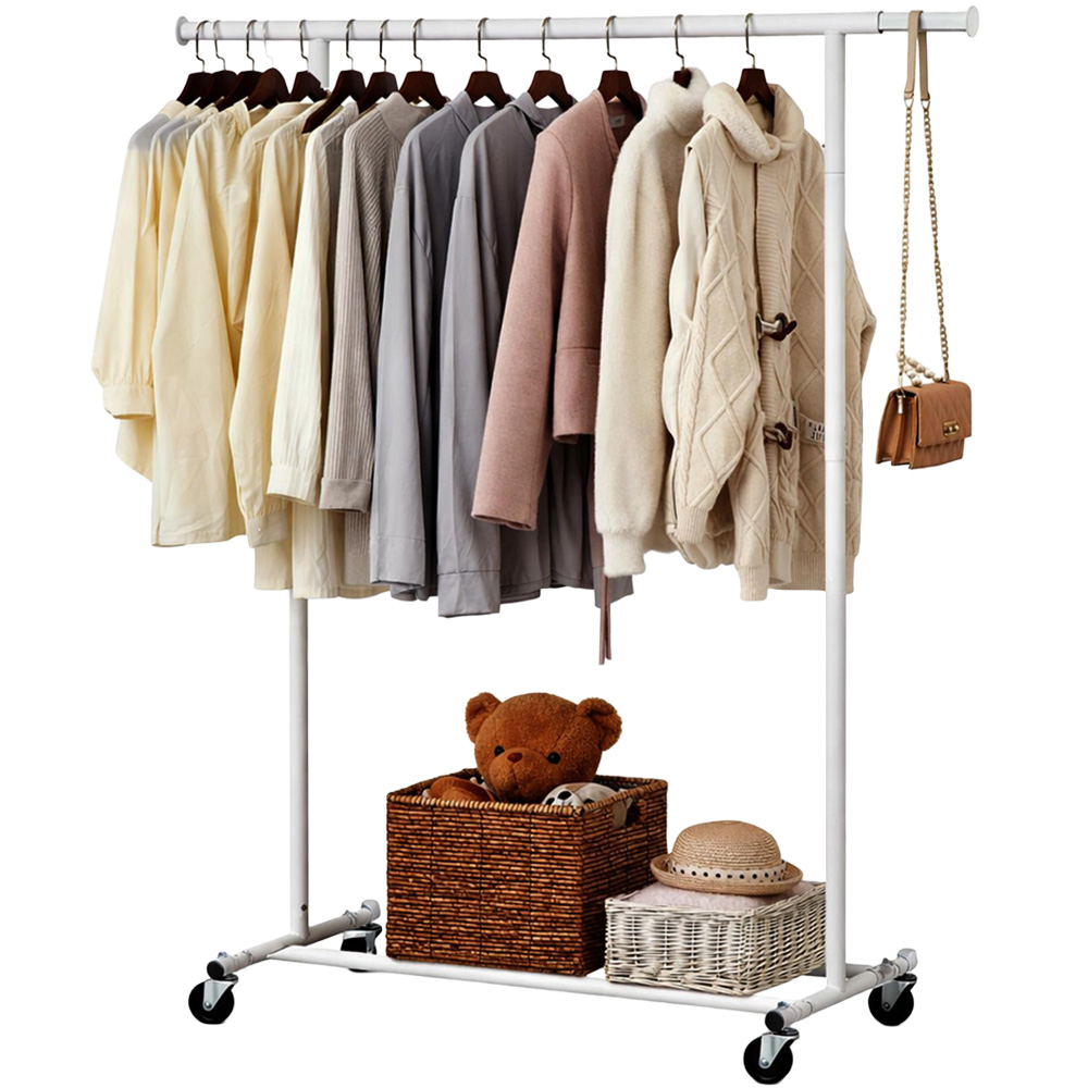 House Of Home Single Shelf White Heavy-Duty Adjustable Rolling Clothes Rail Image 1