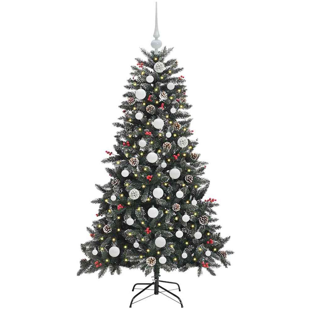 vidaXL Pre-Lit White Bauble Pinecones Berries Green Snow Flocked Artificial Christmas Tree 5ft Image 1