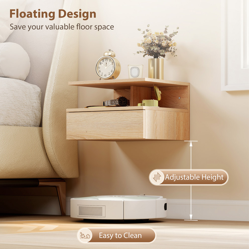 Portland Single Drawer Single Shelf Oak Floating Nightstand Set of 2 Image 6