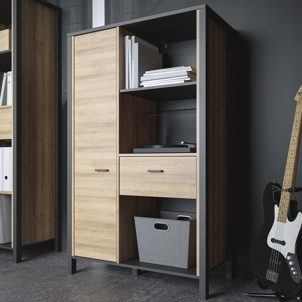 Florence High Rock Single Door Single Drawer Black and Riviera Oak Wide Bookcase Image 1