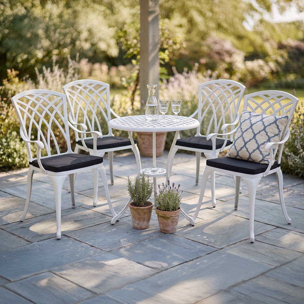 Centurion Oshowa 4 Seater White and Black Cast Aluminium Garden Bistro Set with Cushions Image 1