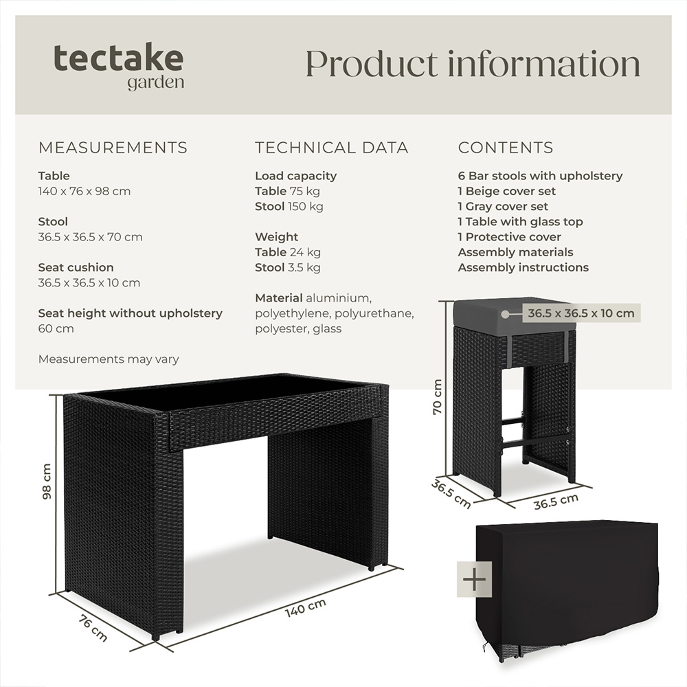 tectake Ibiza Black Garden 6 Seater Table and Chairs with Cover Image 9